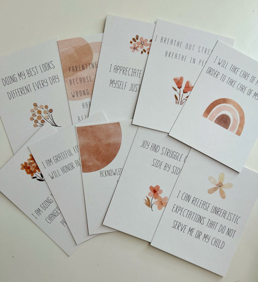 A calming and minimalist set of affirmation cards for new mothers, promoting mental wellness, gratitude, and realistic parenting expectations through gentle quotes and neutral design elements.