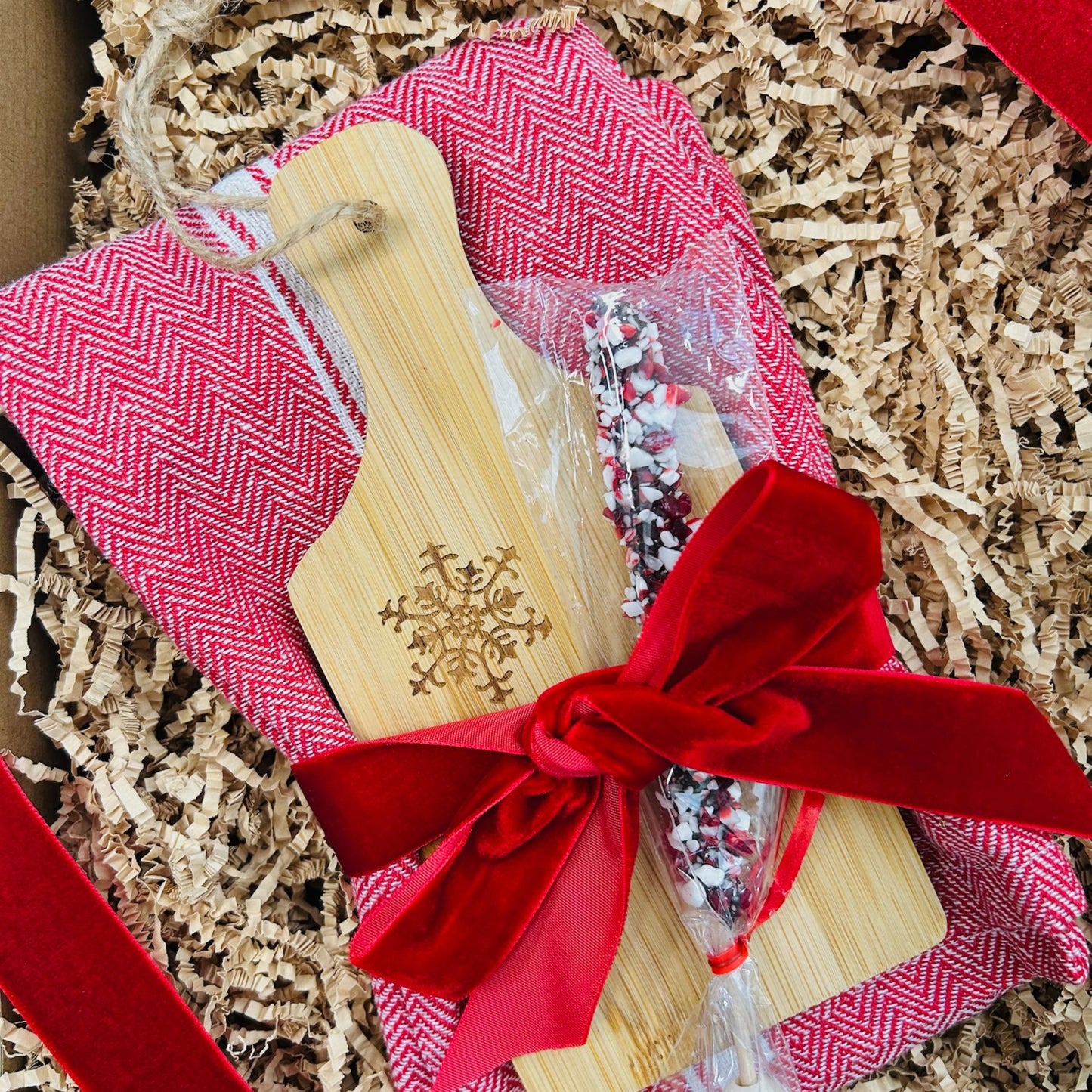 Festive dish towel with stir stick and snowflake cutting board. Christmas gift realtor gift neighbor Christmas gift