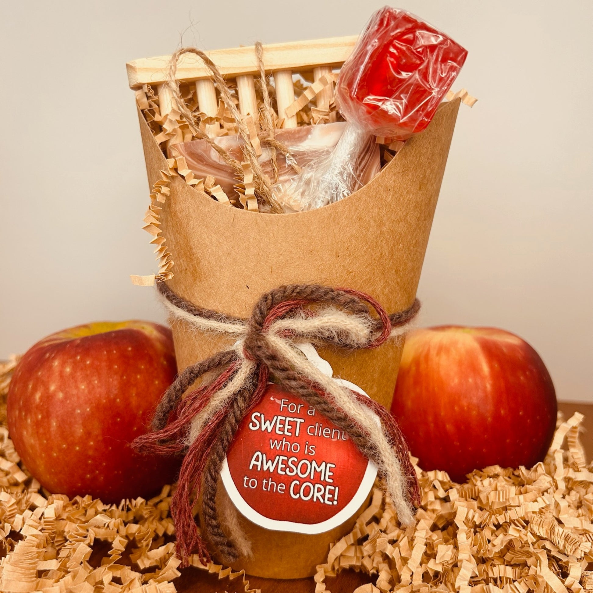 September realtor pop-by gift with cinnamon apple soap, wooden dish, and a cinnamon sucker. 