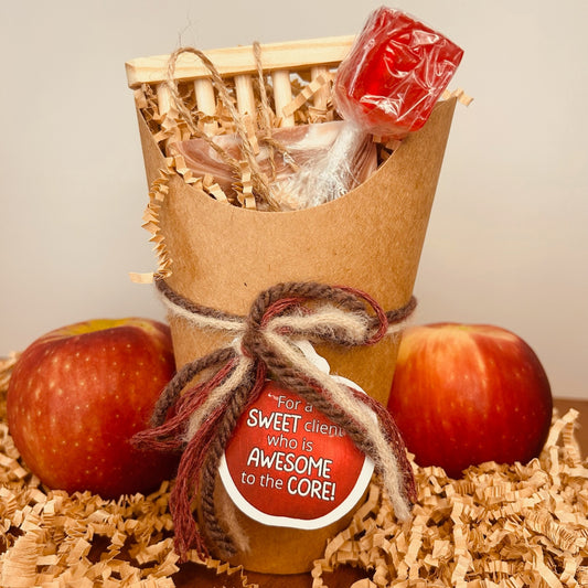 September realtor pop-by gift with cinnamon apple soap, wooden dish, and a cinnamon sucker. 