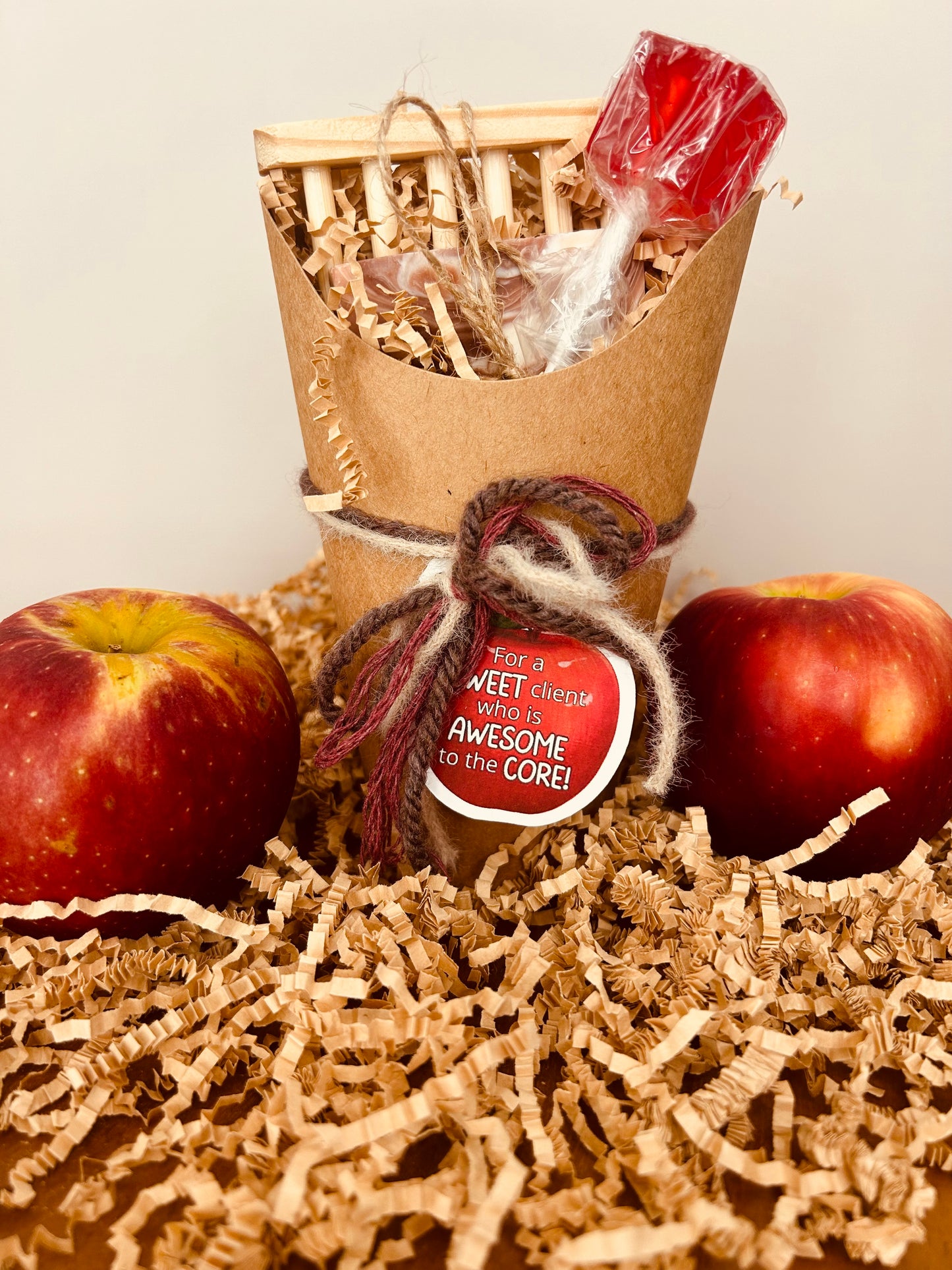 Fall realtor pop-by gift with apple cinnamon soap, dish, and sucker. 