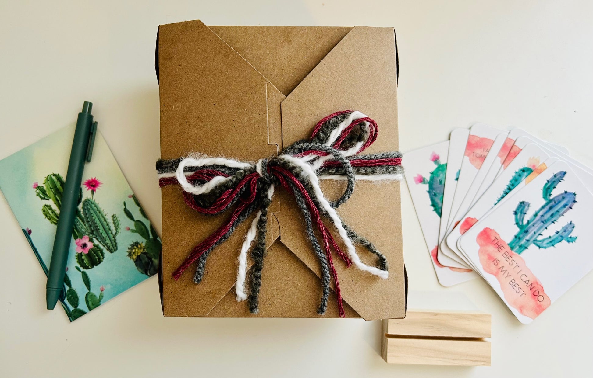 Wrapped up teacher appreciation gift in your schools colors. Includes cactus themed affirmation cards. 
