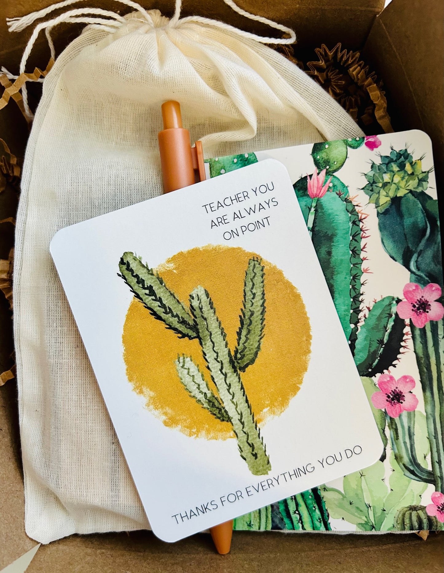 Thank you and teacher affirmation cards with a cactus them in kraft box